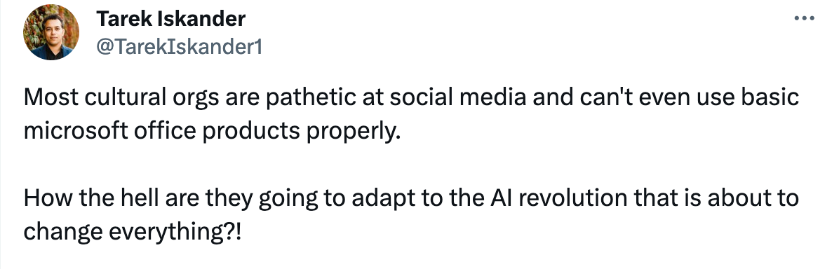 Most cultural orgs are pathetic at social media and can't even use basic microsoft office products properly. How the hell are they going to adapt to the AI revolution that is about to change everything?!